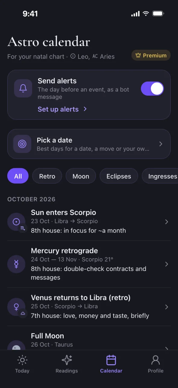 Oracul screen: astro calendar