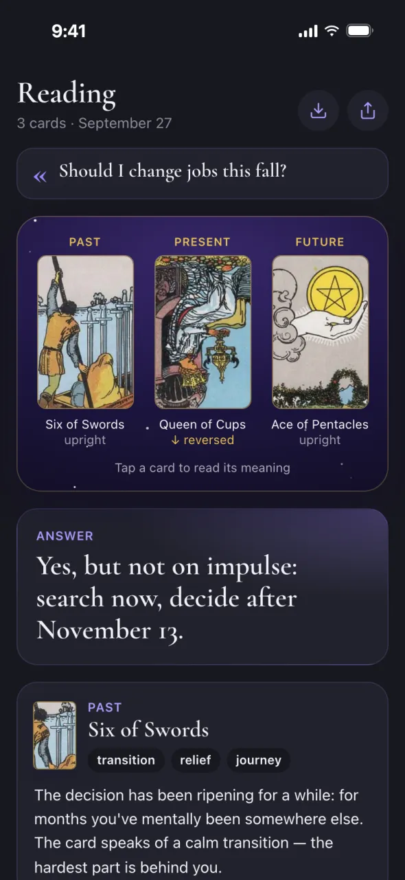 Oracul screen: tarot spread
