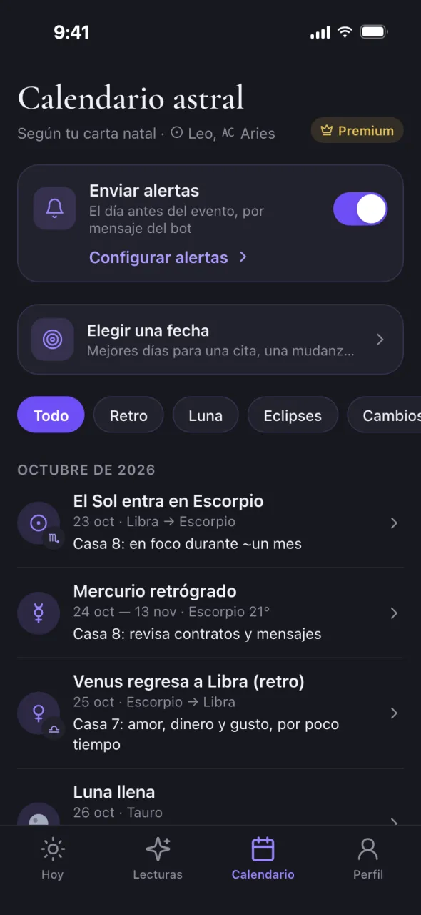Pantalla de Oracul: calendario astrológico