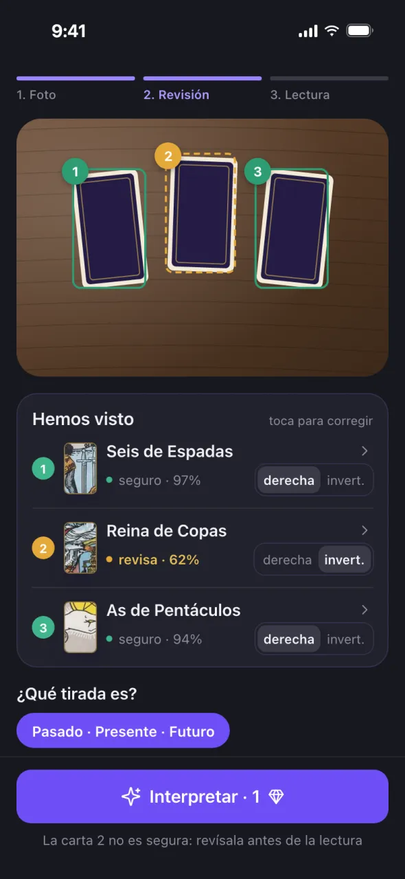 Pantalla de Oracul: lectura por foto de tu propia baraja