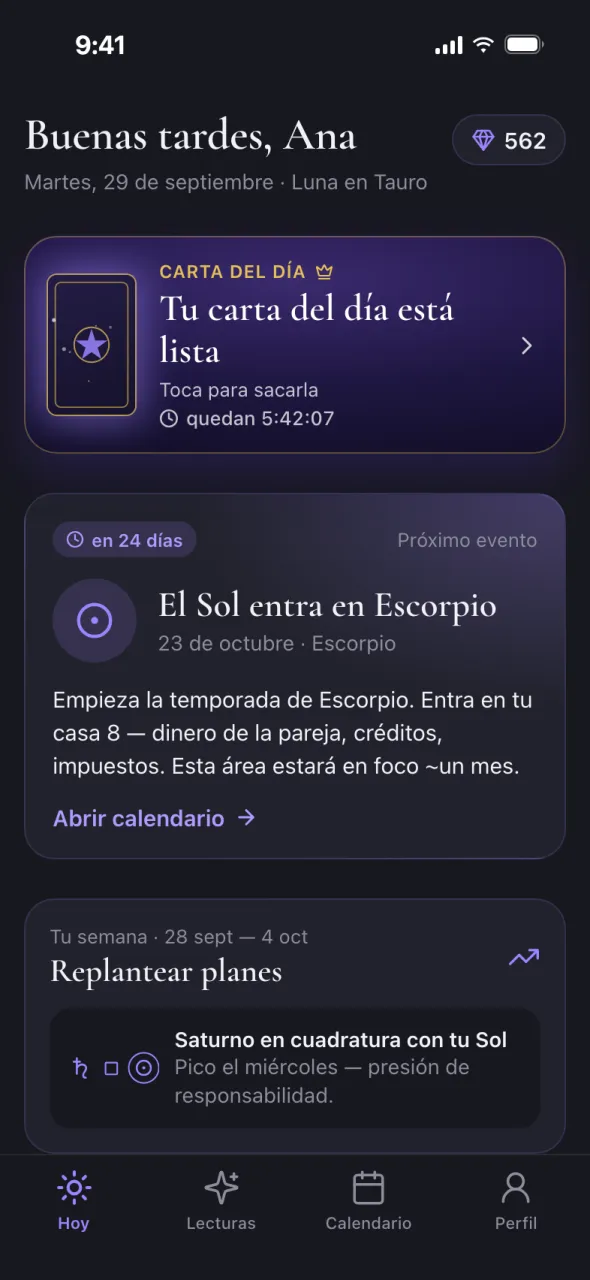 Pantalla de Oracul: pantalla «Hoy»