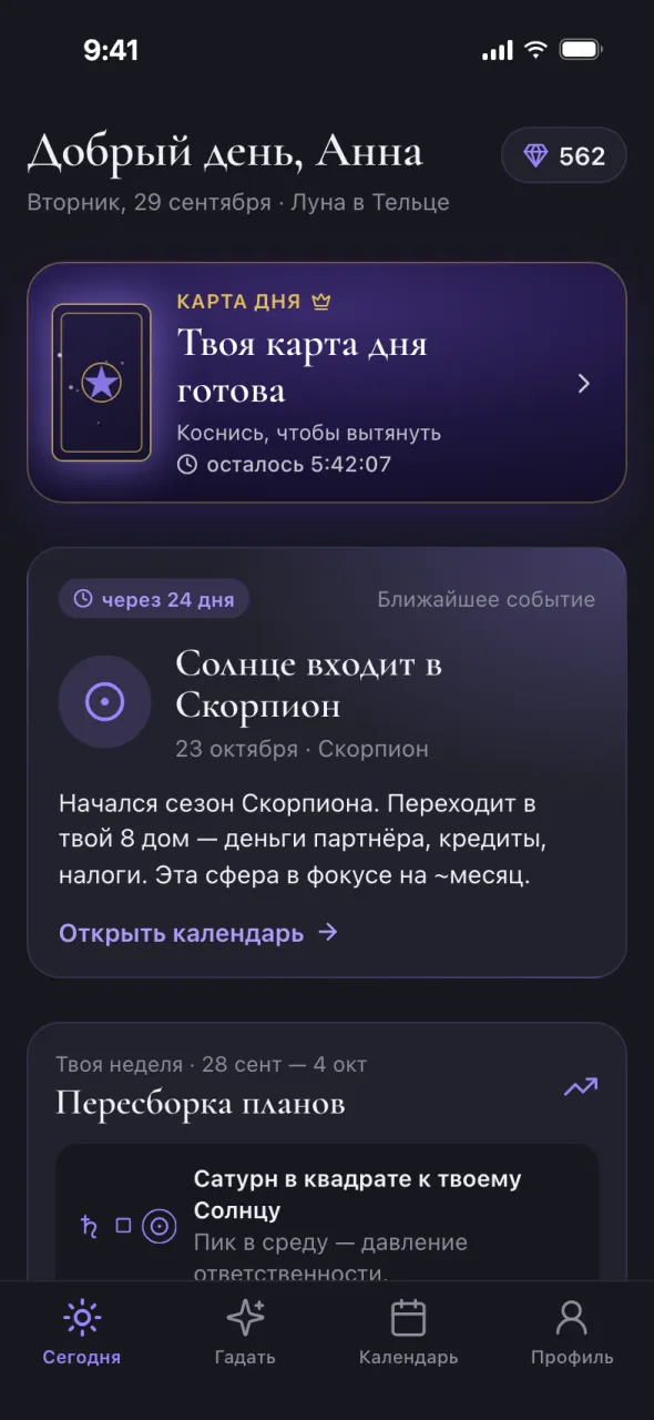 Экран Oracul: экран «Сегодня»